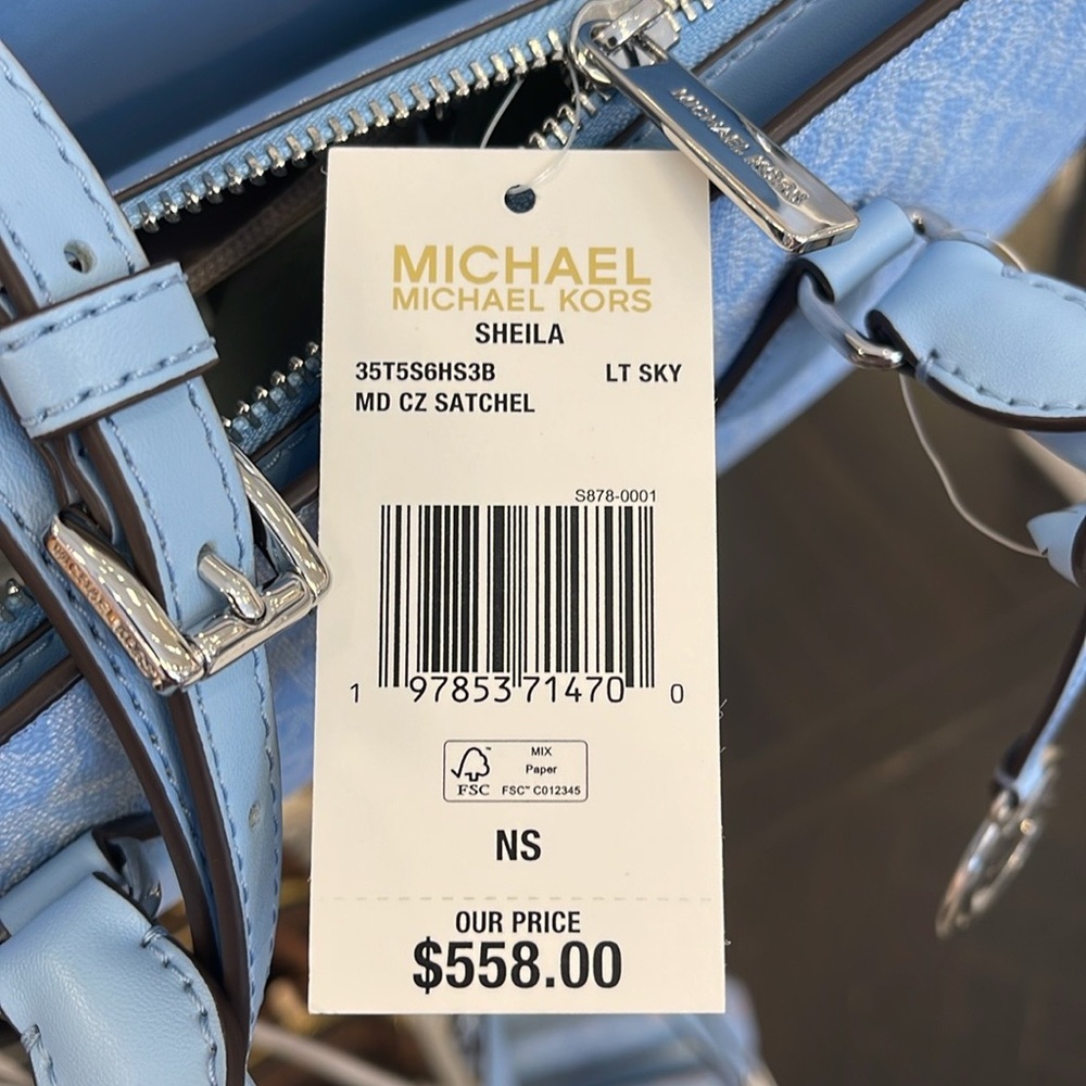 MICHAEL KORS Sheila Medium Logo CZ Satchel Crossbody Bag 
Light Sky
NWT - Picture 11 of 16